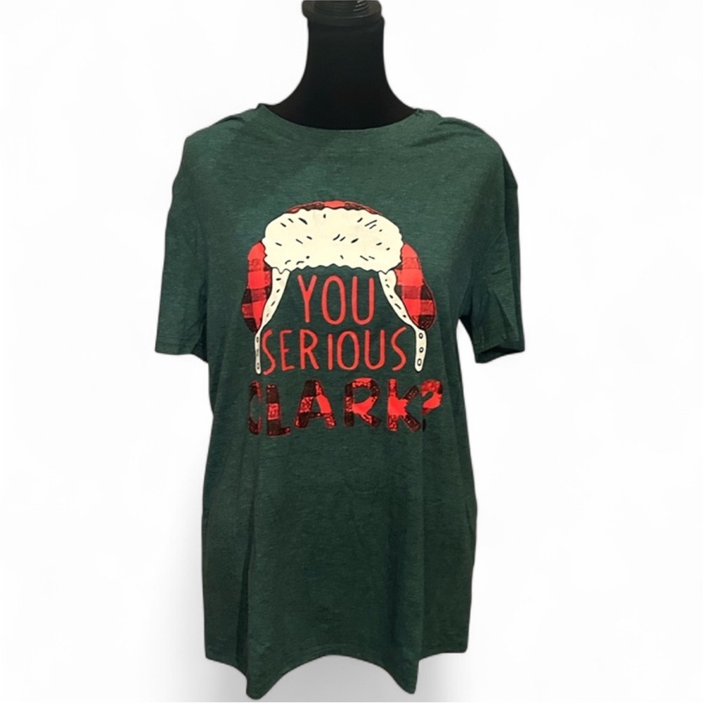 You Serious Clark, Green Graphic Tee with Red Plaid Design